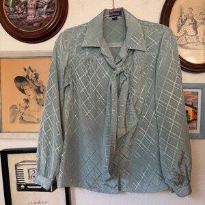 Vintage Mint Plaid Blouse with Bow